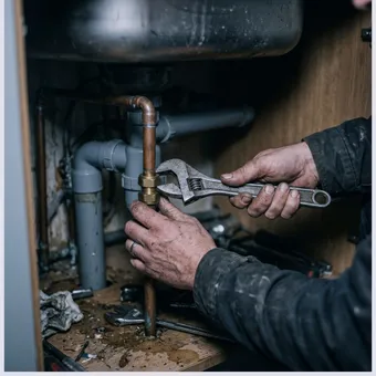 A plumber's hands tightening a copper fitting under a sink with an adjustable wrench.
