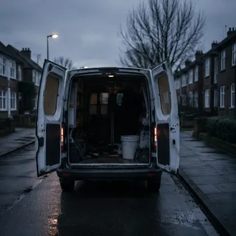 A work van parked at dusk on a residential street, rear doors open.