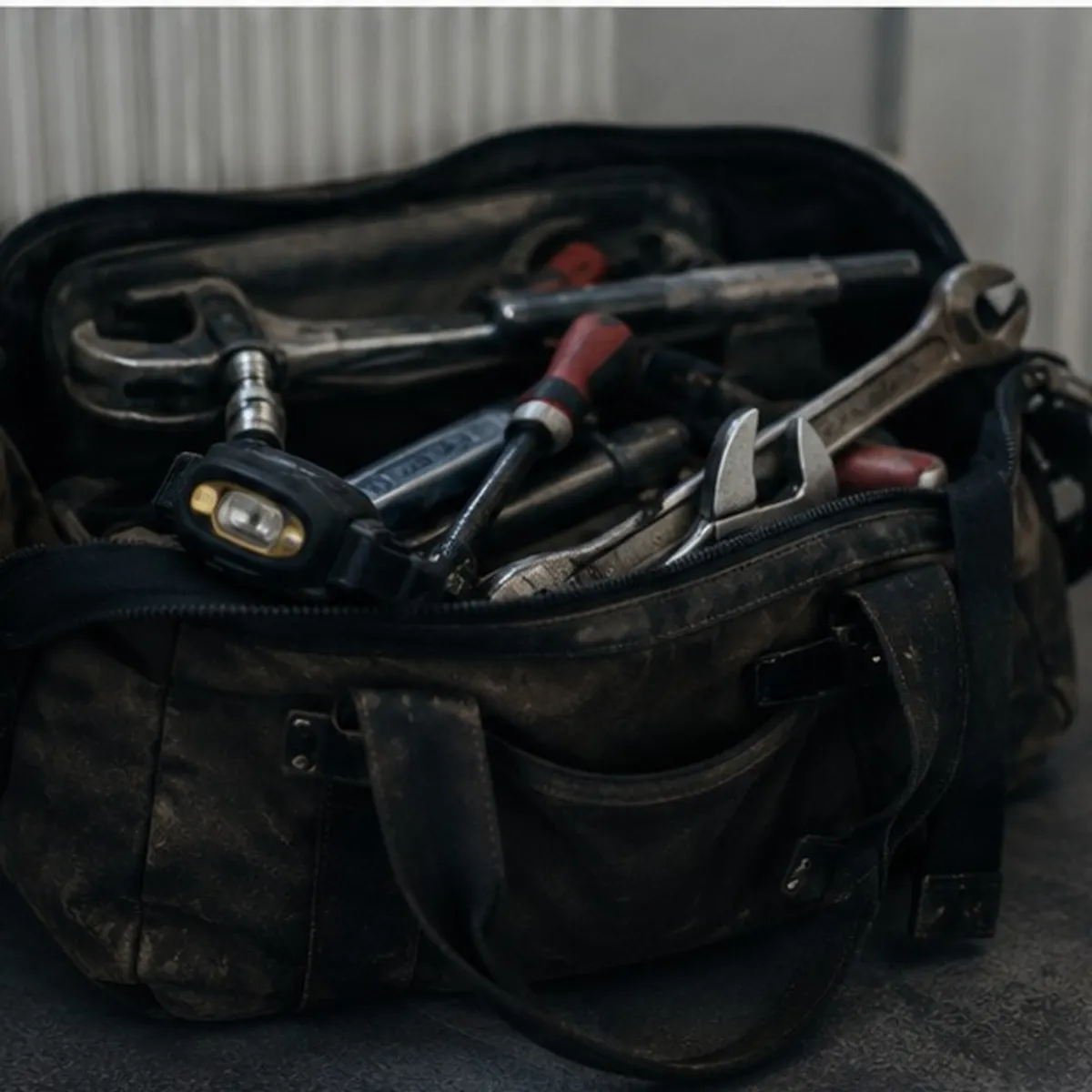 A worn toolbag on a hallway floor beside a radiator, wrenches and a headtorch spilling out.