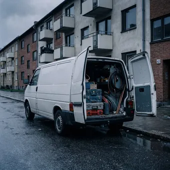 The open rear doors of a work van on a wet street.
