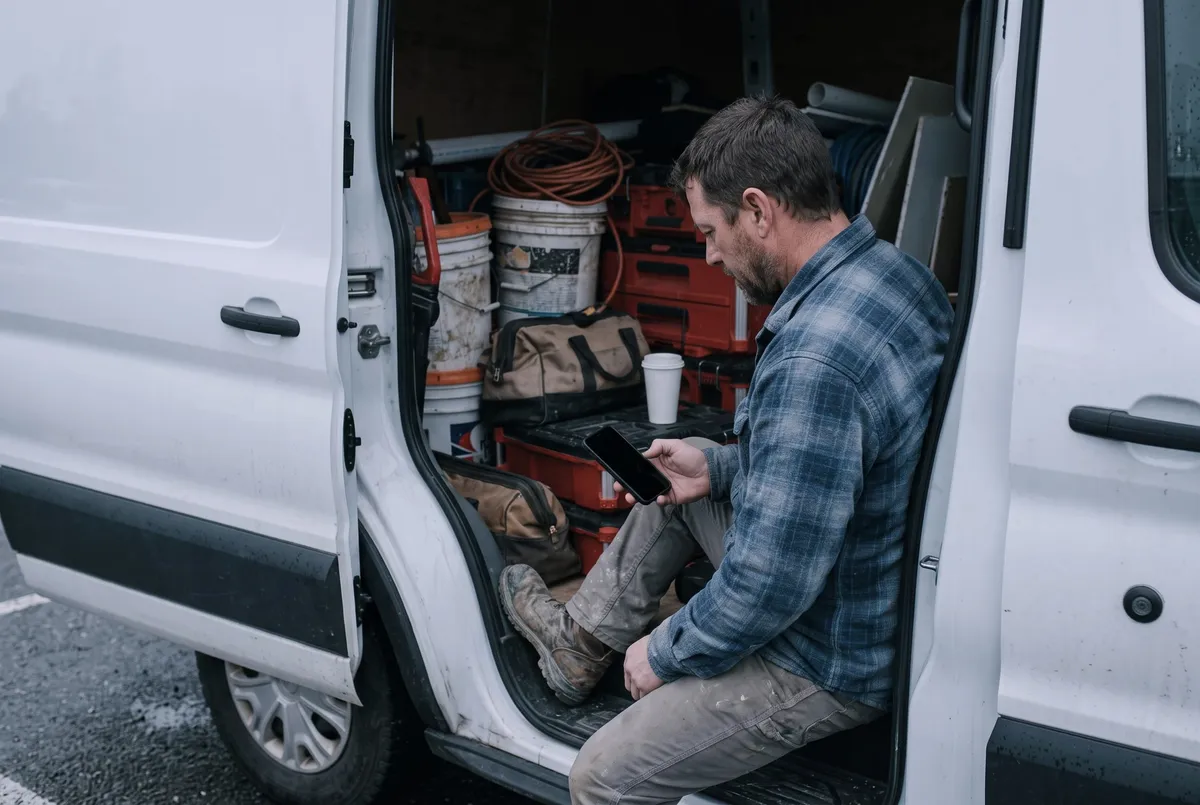 A tradesman sitting in the doorway of his work van, looking at his phone.