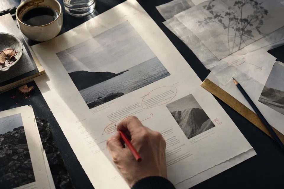 Editorial illustration: a hand reviews a printed draft with a red pencil.