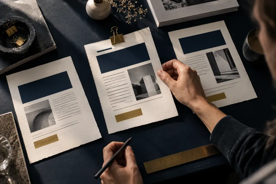 Editorial illustration: paper sketches of different page layouts on a desk.