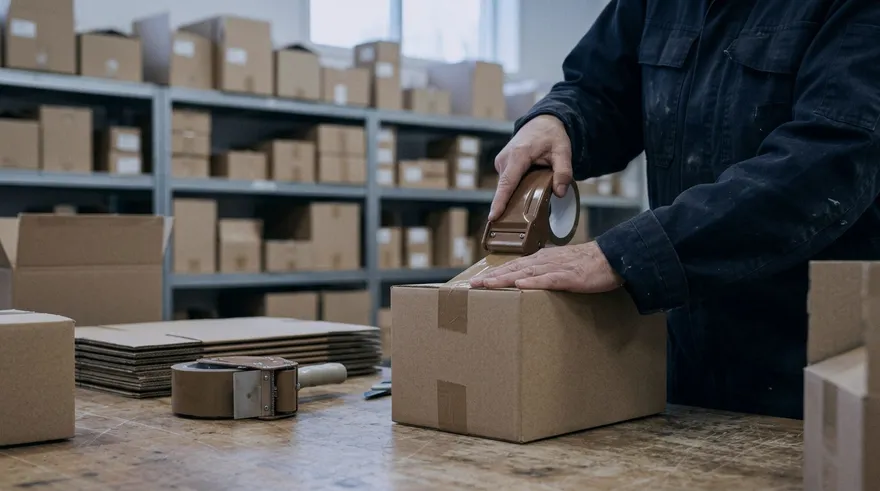 Hands taping a cardboard box shut on a packing table, stock shelves behind.