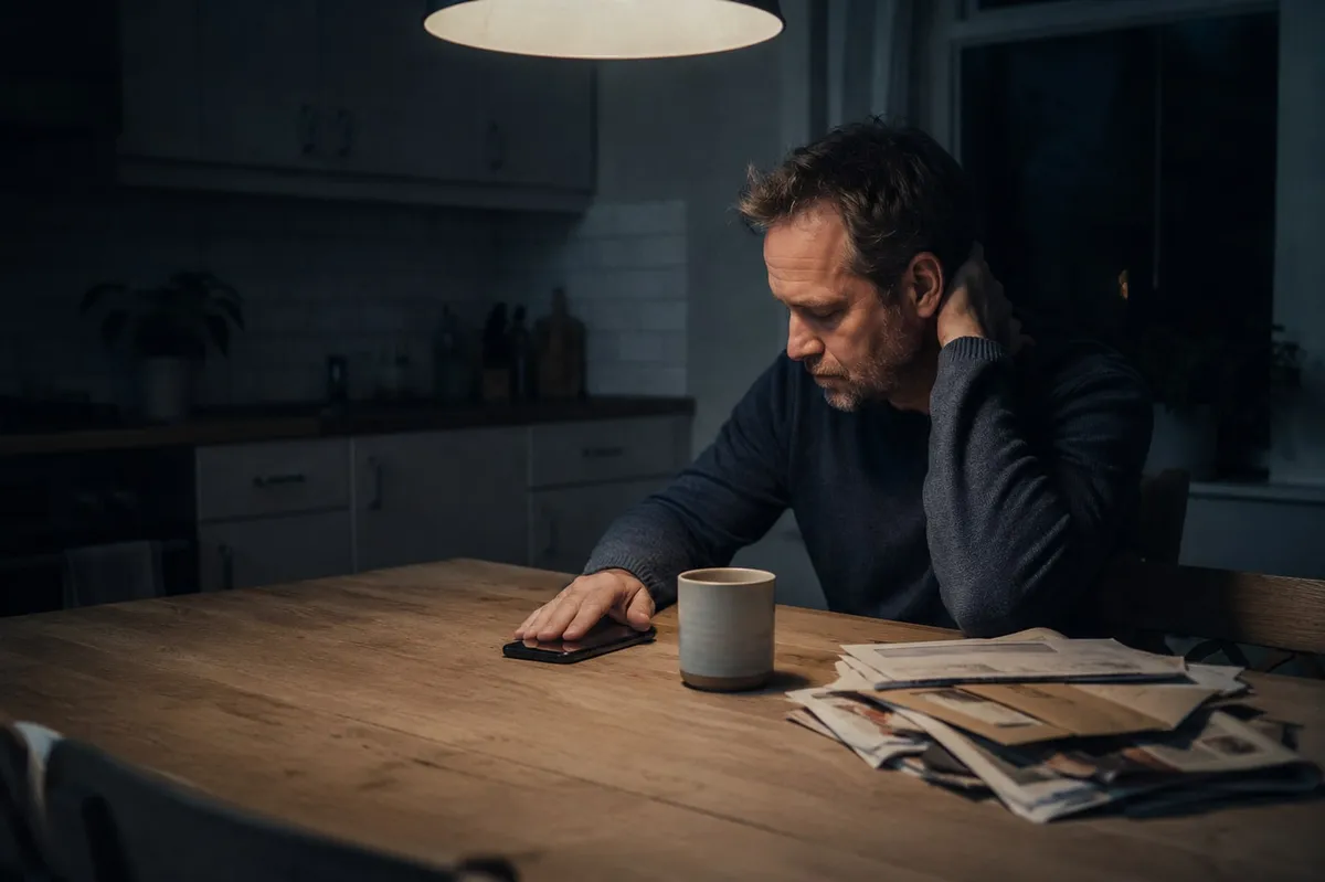 En man ensam vid köksbordet sent på kvällen med en hand på telefonen.
