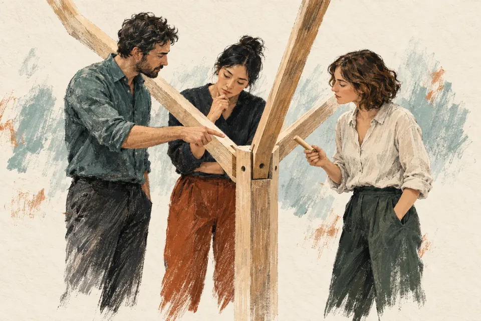 Editorial illustration: Three people examine a central joint in an open wooden structure.
