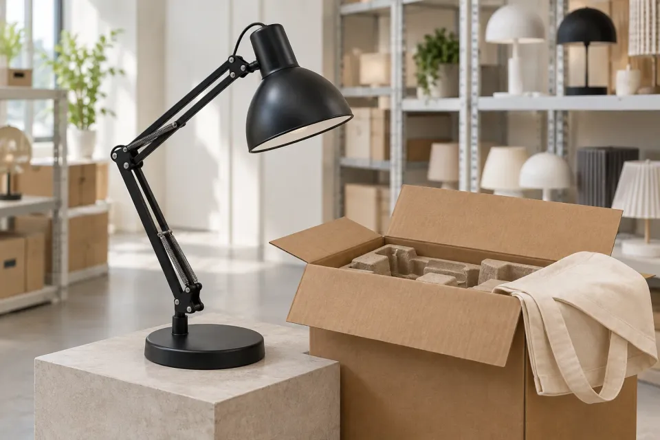 Editorial illustration: A black adjustable lamp stands beside an open carton and canvas tote in a bright lamp shop.