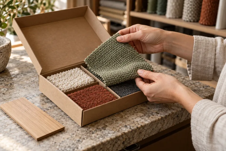 Illustration: hands inspect a green fabric swatch above a material sample box on a stone counter.