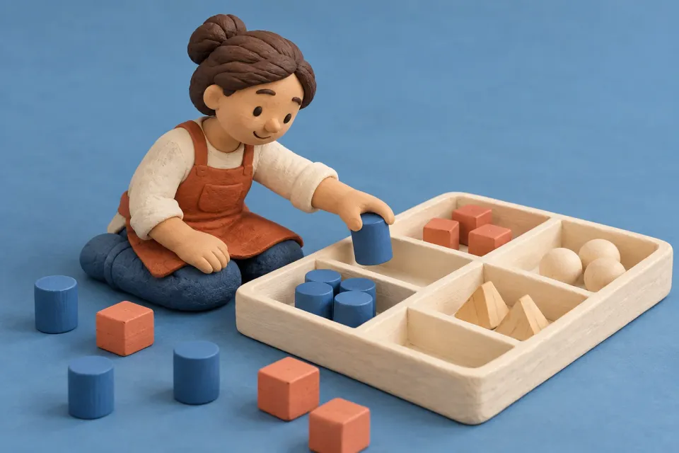 Editorial illustration: A clay figure holds a blue cylinder above a divided tray while more geometric wooden pieces lie beside it.