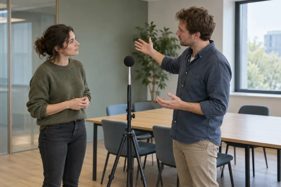 Editorial illustration: Two adults talk beside a measurement microphone on a stand in a meeting room.