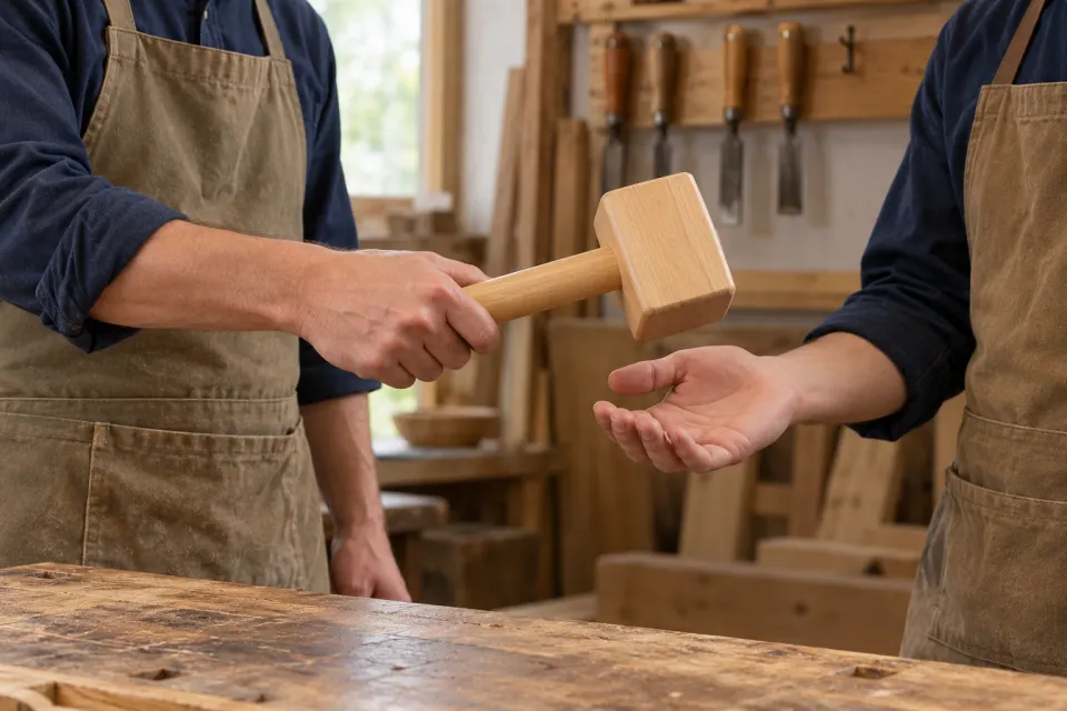 Editorial illustration: Two people hand over an unmarked wooden mallet in a workshop with tools on the wall.