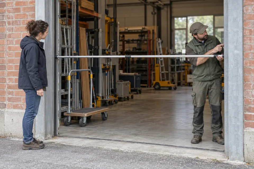 Editorial illustration: A person checks a workshop opening with a telescoping rod while another watches and a trolley stands inside.