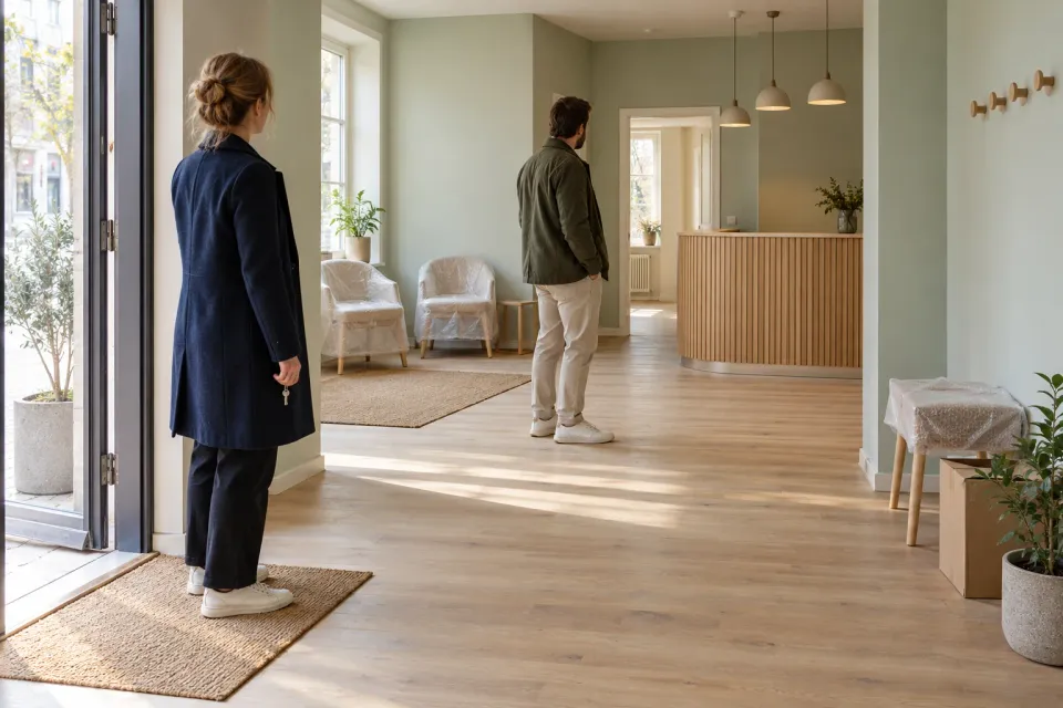Editorial illustration: Two people inspect a bright reception space with covered chairs; the person by the doorway holds a key.