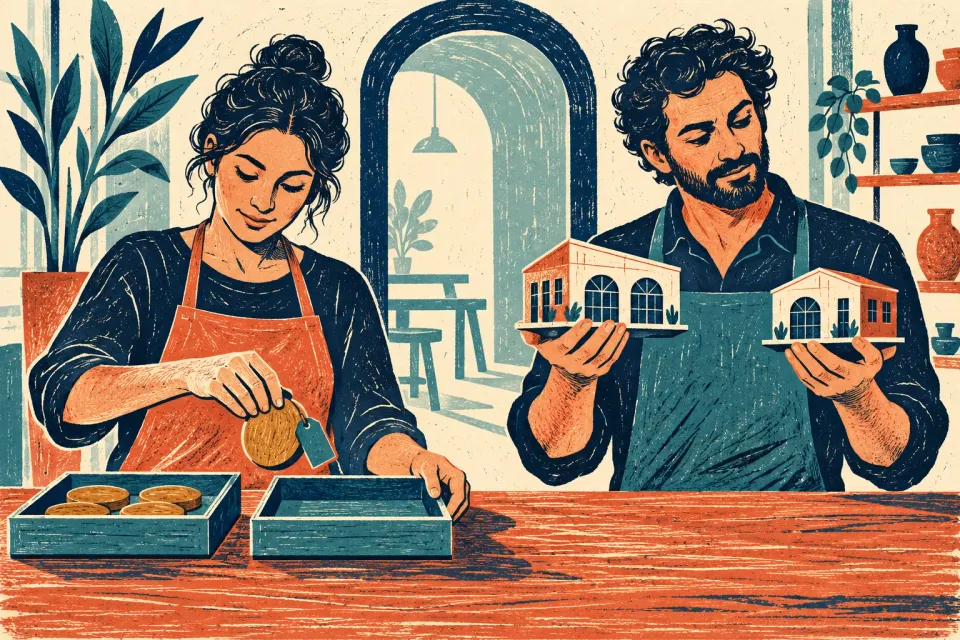 Editorial illustration: One person moves a round token with an attached tag between two trays while another compares two small studio buildings.