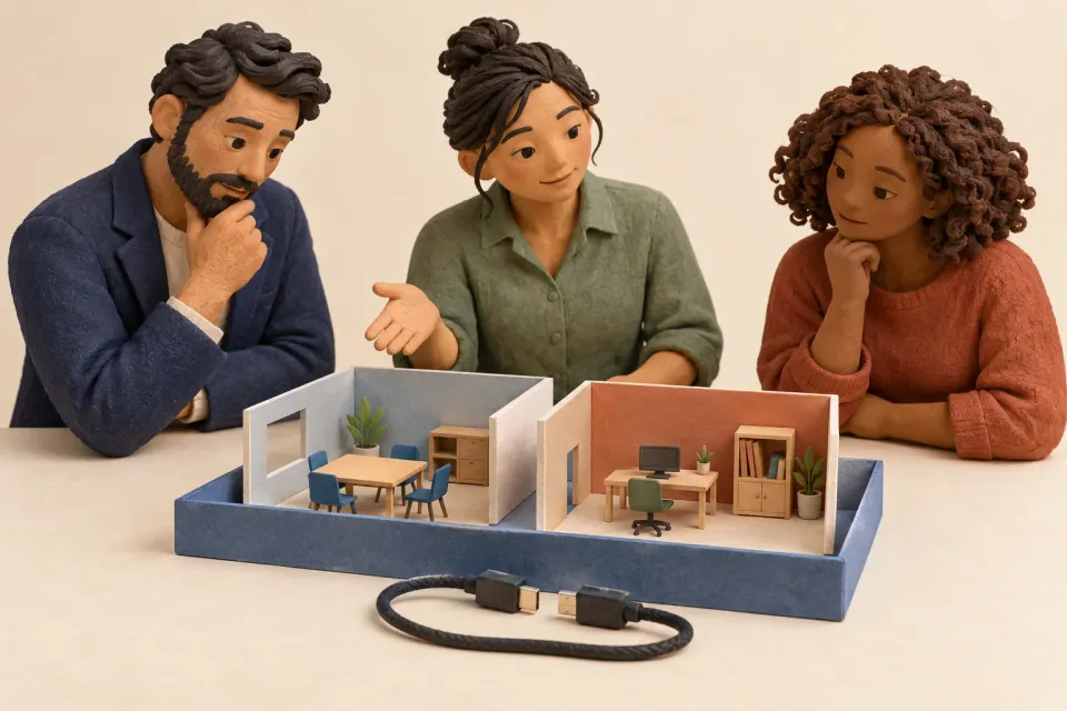 Editorial illustration: Three clay figures examine two miniature rooms in one blue tray, with separated cable ends in front of them.