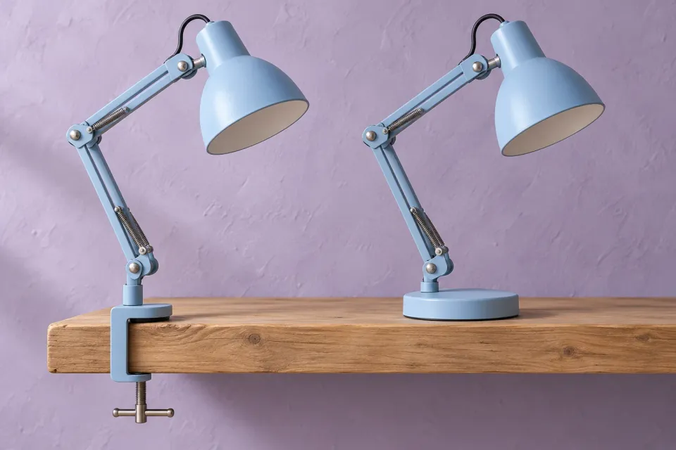 Editorial illustration: Two pale blue lamps on the same wooden surface, one with a clamp and one with a round base.