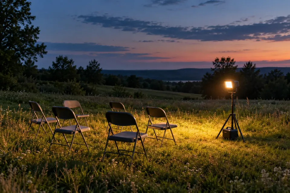 Editorial illustration: A freestanding lamp illuminates empty folding chairs in a meadow at dusk.