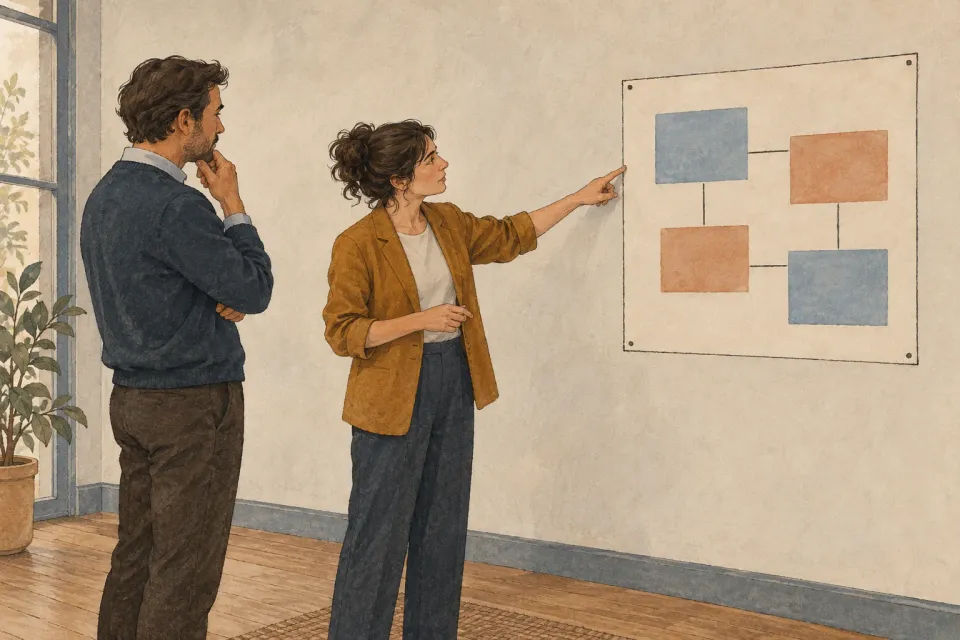 Editorial illustration: Two people discuss a bounded process study with colored blocks on a wall.