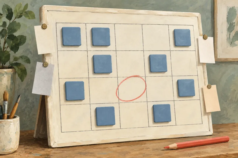 Editorial illustration: A gridded planning board with blue tiles, blank notes and an empty cell circled in coral red.