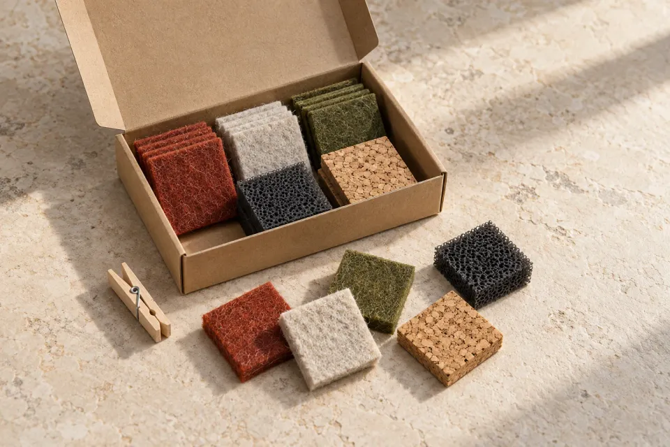 Editorial illustration: An open cardboard box holds small felt, cork and foam samples, with loose swatches and a clothespin in front.