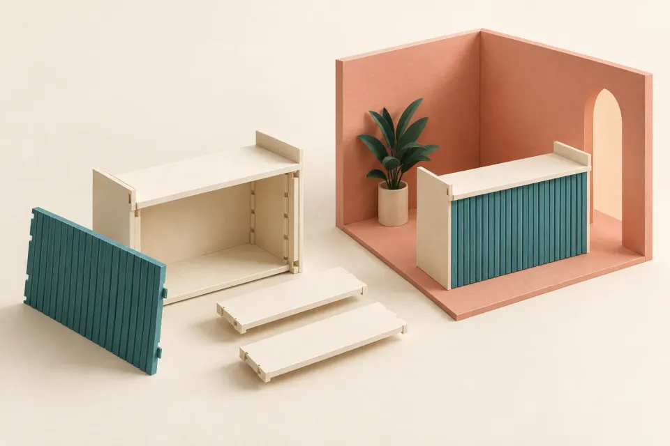 Editorial illustration: A paper model shows a counter with separate components beside an assembled counter in a small room.