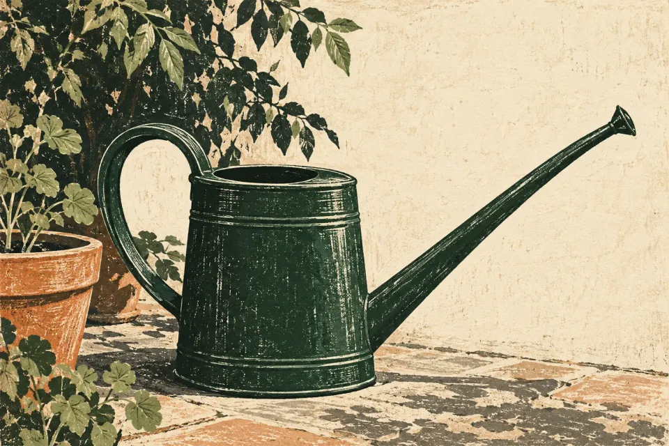 Editorial illustration: A dark green watering can's long spout stands out against a pale wall beside pots and foliage.