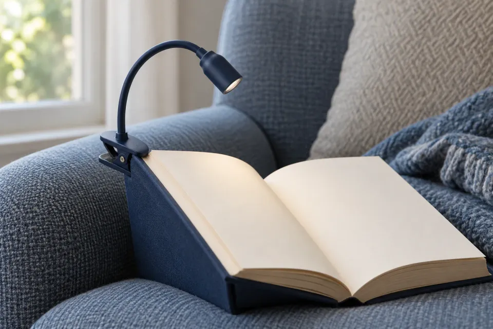 Editorial illustration: A dark book light grips the cover of an open book with a visible clip on an armchair.