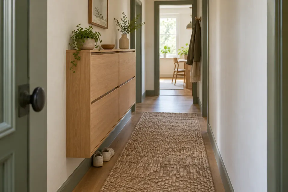 Editorial illustration: A shallow wall-mounted oak cabinet leaves a clear passage with a woven runner in a narrow hallway.