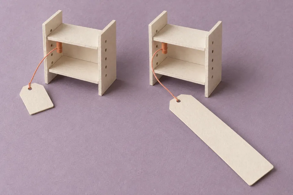 Editorial illustration: Two small shelf models have blank tags of different lengths connected by string to corresponding supports under the upper shelf.