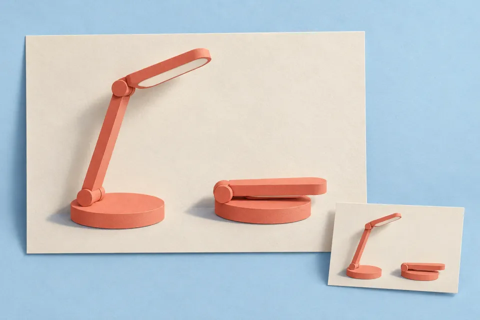 Editorial illustration: A coral lamp in open and folded positions is repeated on a large and a small paper study.