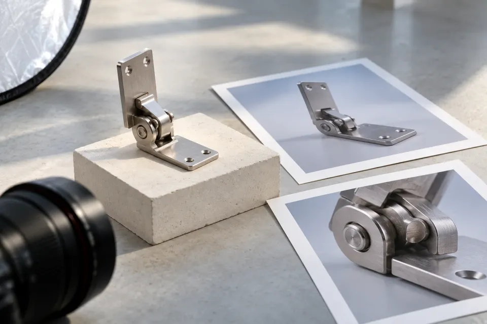 Editorial illustration: A metal hinge on a pale plinth beside two detail photographs, a camera lens and a reflector.