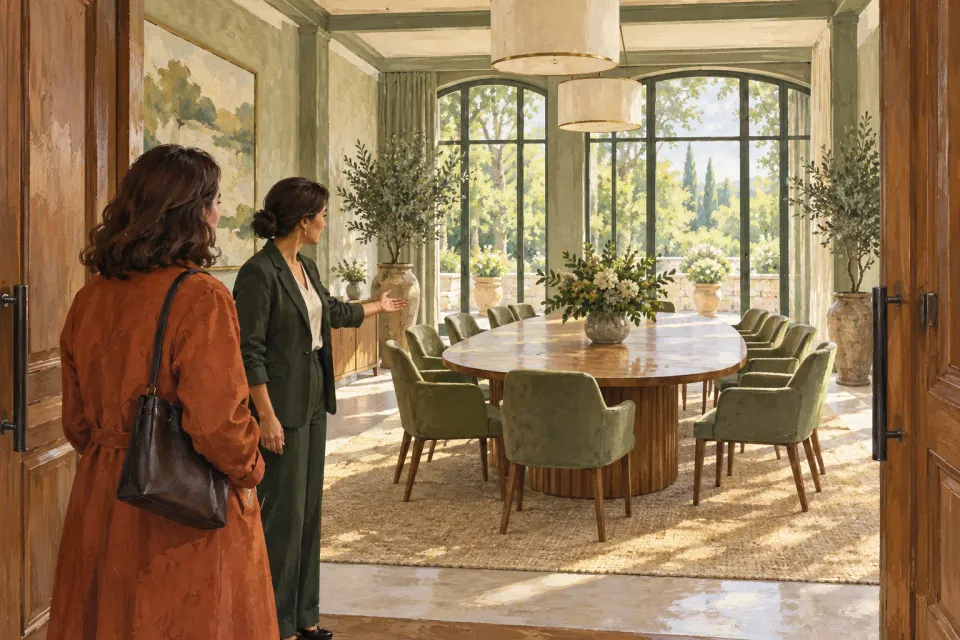 Editorial illustration: A host shows a bright meeting room to a visitor standing in the open doorway.