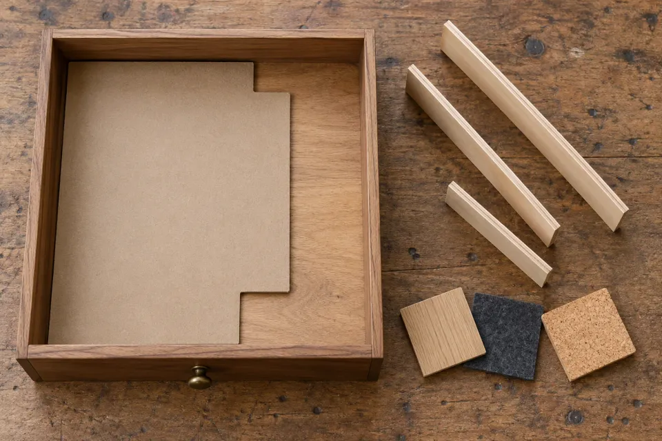 Editorial illustration: A wooden drawer with a cardboard template sits beside loose dividers and wood, felt and cork samples.
