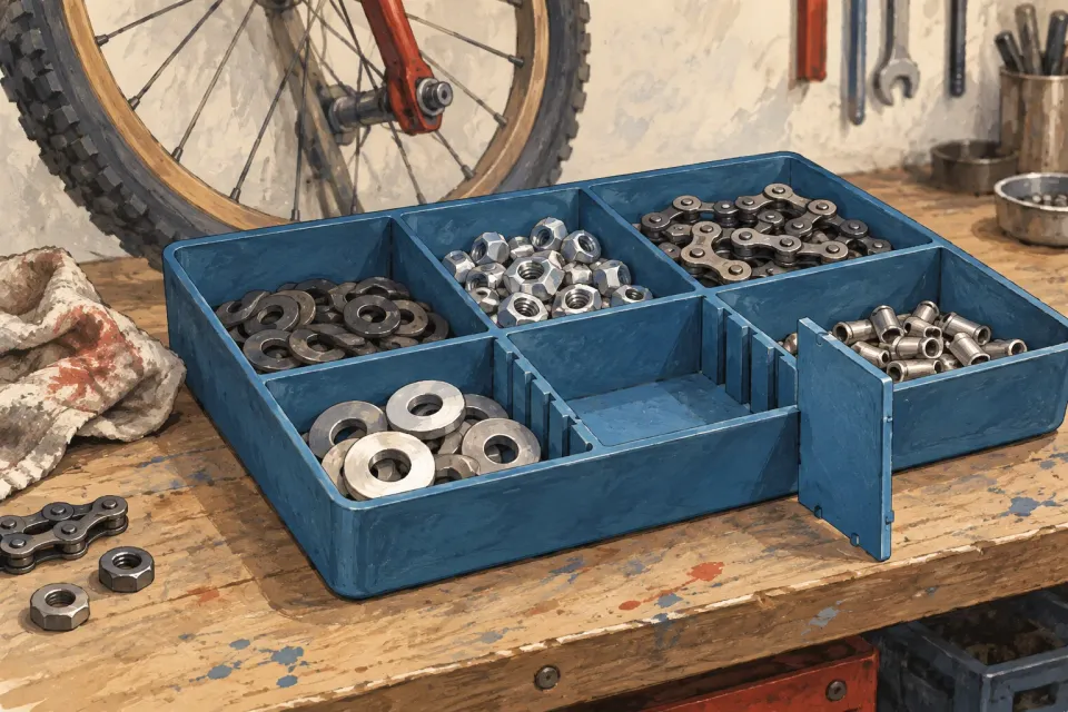 Editorial illustration: A blue compartment tray holds bicycle parts, with an empty compartment and loose divider in front of a bicycle wheel.