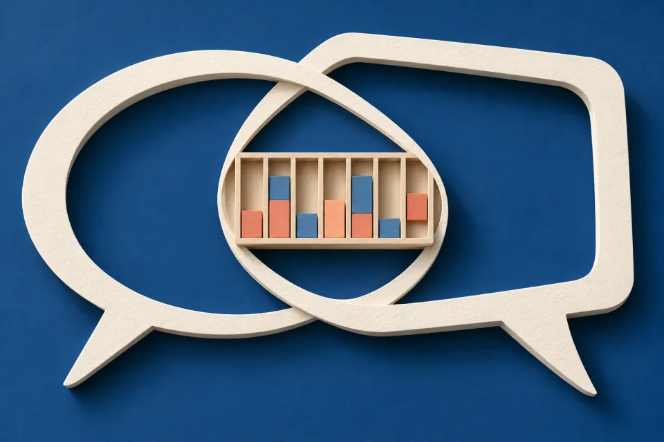 Editorial illustration: Two overlapping white speech shapes frame the same wooden tray of blue and coral blocks.