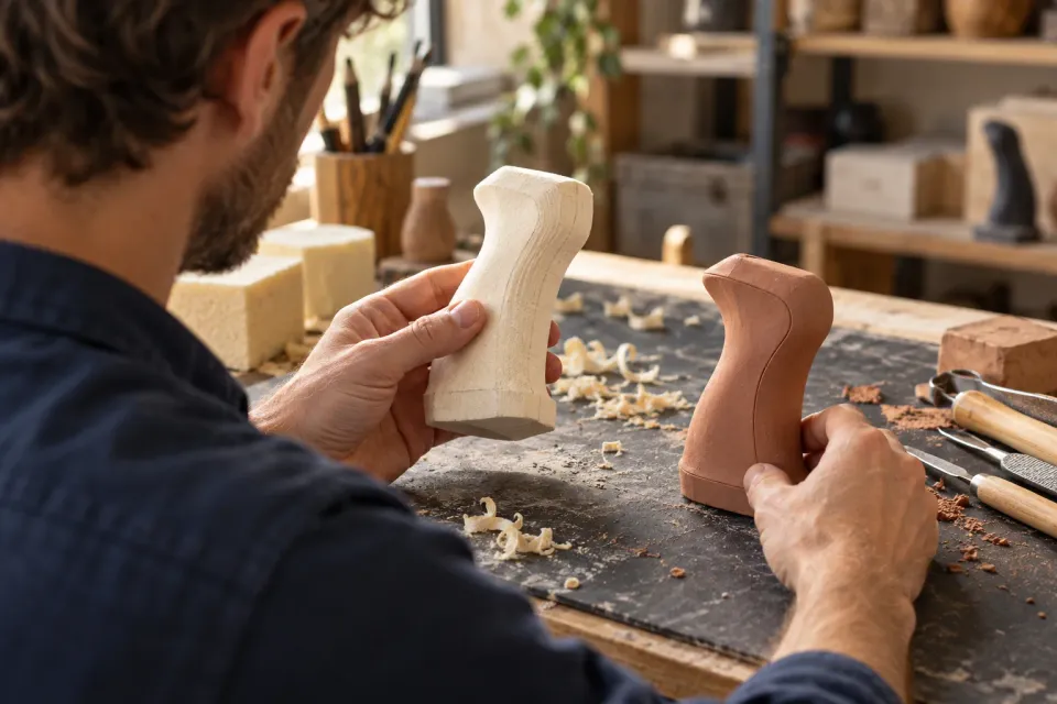 Editorial illustration: a designer compares a rough foam model with a more refined clay prototype.