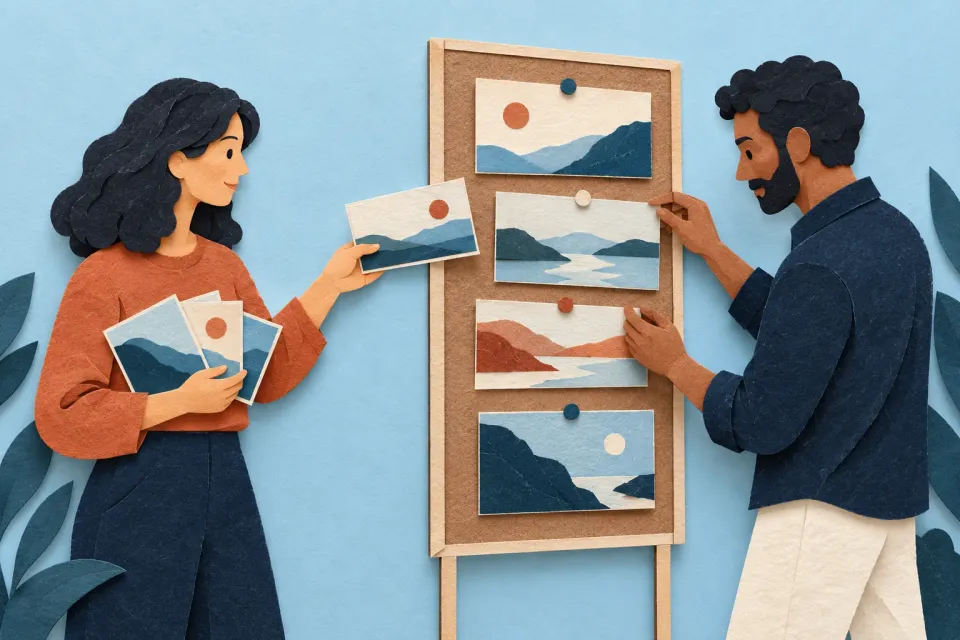 Editorial illustration: One person retains source images while another arranges cards with simple pictures into a presentation.