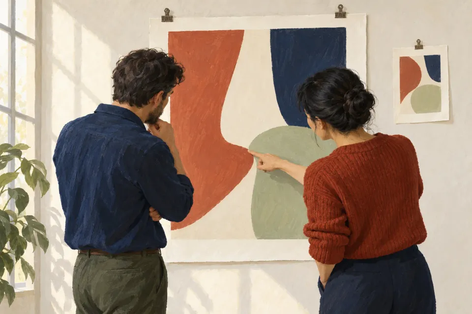 Editorial illustration: Two people examine an abstract print on a wall, with one pointing to the edge of a coloured shape.