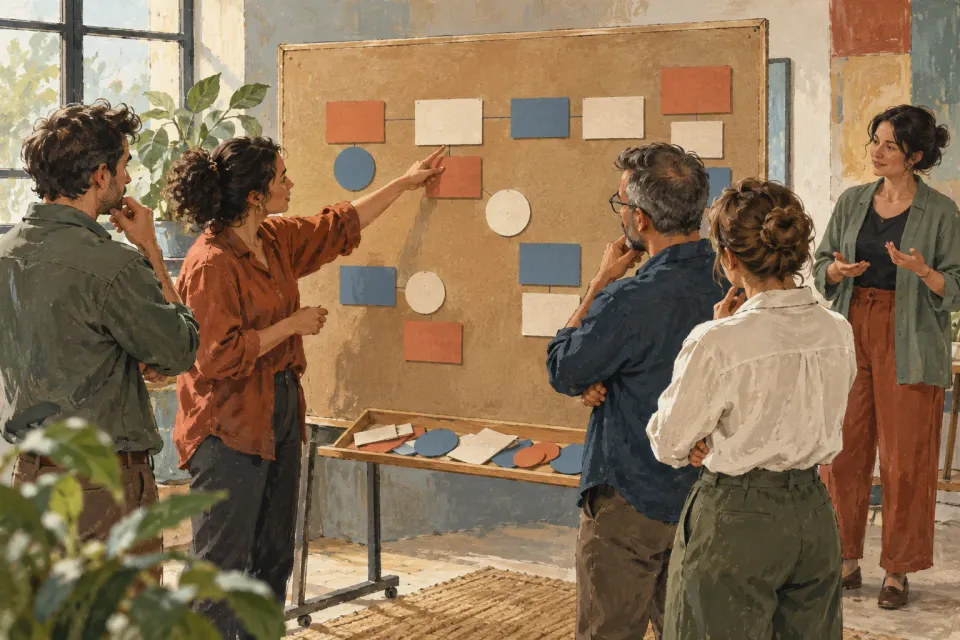 Editorial illustration: Five people discuss blank coloured shapes on a pinboard with loose pieces on a tray.