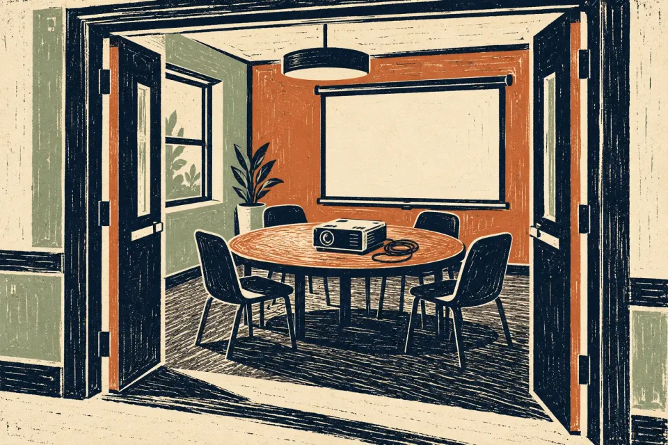 Editorial illustration: A linocut shows an empty meeting room with a round table, four chairs, a projector and a blank projection screen.
