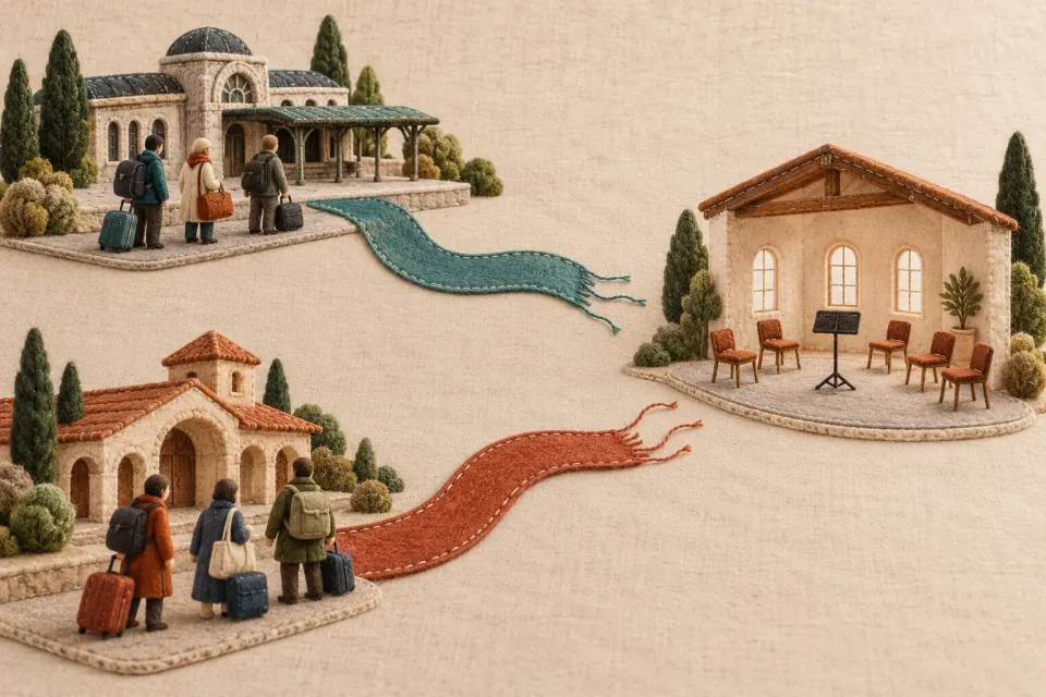 Editorial illustration: Two groups with travel bags beside different buildings and loose fabric routes toward a rehearsal room.