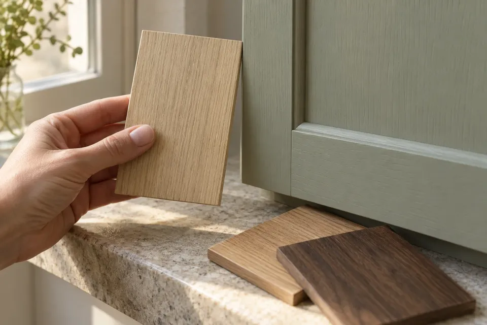 Editorial illustration: A hand holds a pale wood sample beside a green cabinet door, with two more samples on a stone surface.