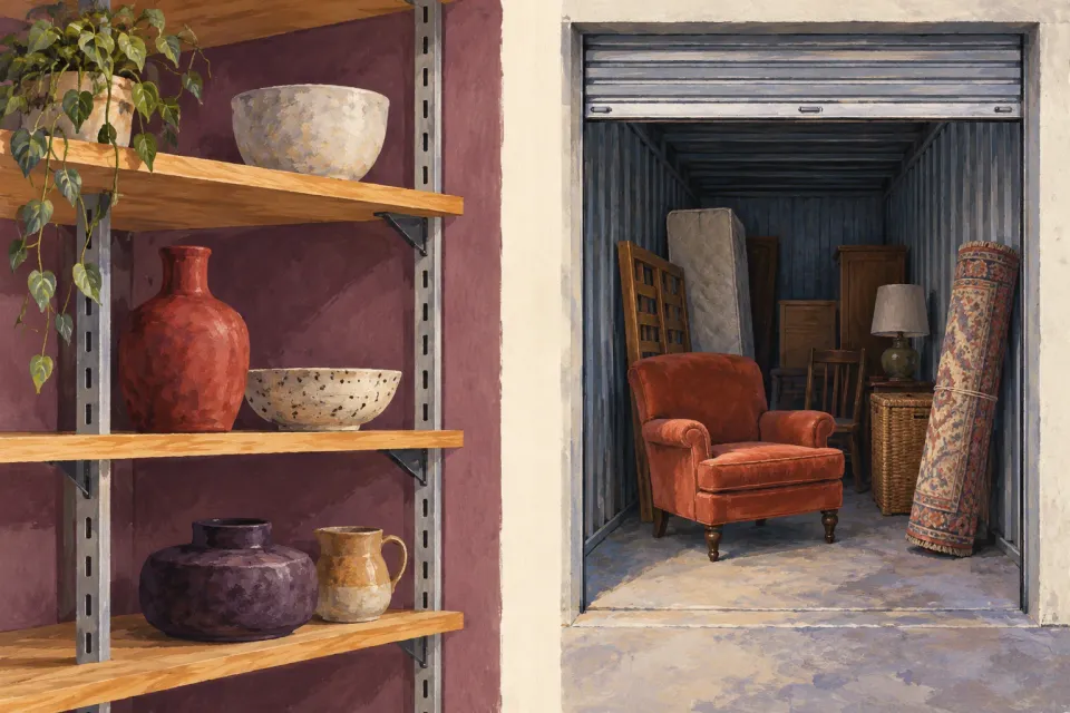 Editorial illustration: Adjustable shelves with ceramics appear beside an open storage unit containing an armchair, rug and other furniture.