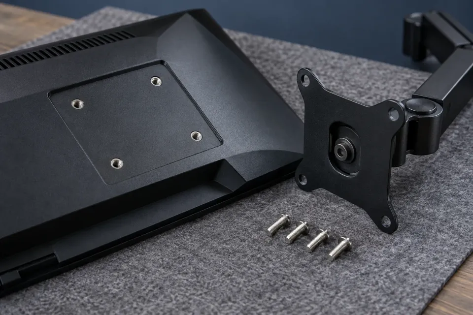 Editorial illustration: The back of a monitor with four mounting holes lies beside a separate arm mount and four screws on gray felt.