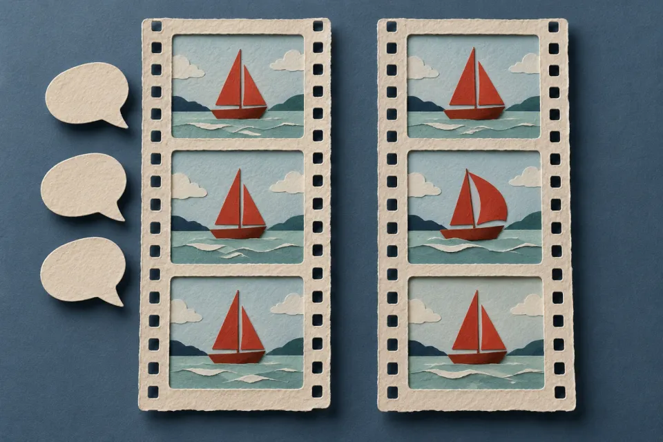 Editorial illustration: Two paper film strips show red sailboats, a changed sail shape and three empty speech bubbles.