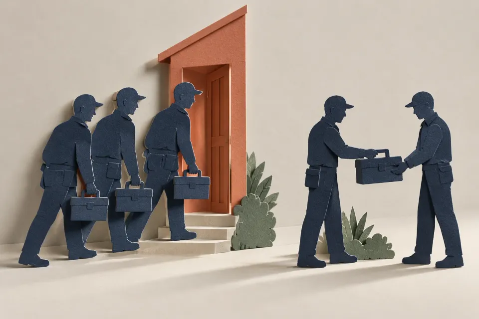 Editorial illustration: Three repeated paper figures carry toolboxes toward a door, while two other figures hand over a toolbox.