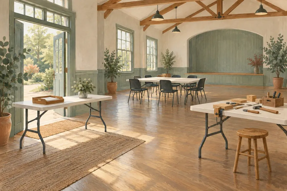 Editorial illustration: Folding tables in a bright hall are arranged with chairs, a registration tray and hand tools.