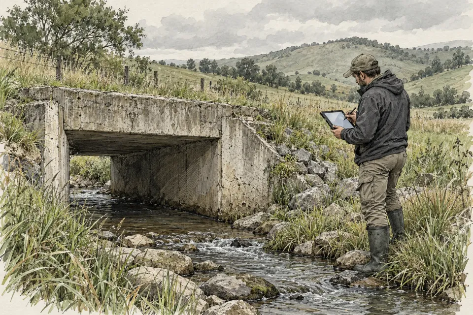 Editorial illustration: A field inspector with a tablet and stylus stands beside a concrete culvert over a stream in open countryside.