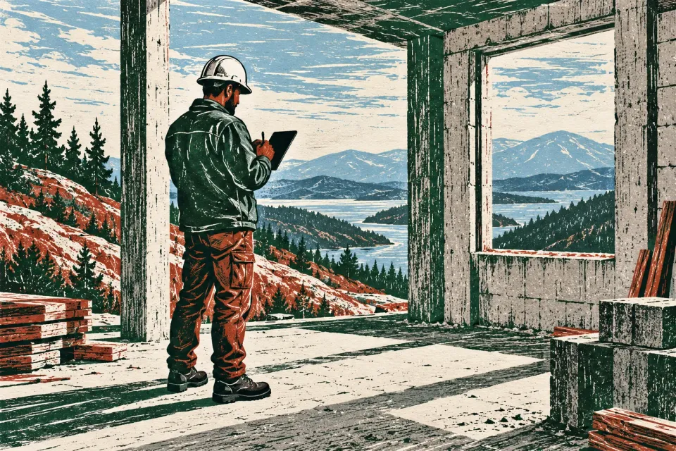 Editorial illustration: A helmeted inspector takes notes on a tablet inside an unfinished building overlooking mountains and water.
