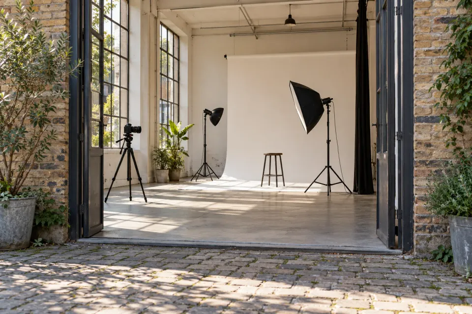 Editorial illustration: An open entrance leads from a paved courtyard into a photography studio with a backdrop, stool, camera and studio lights.